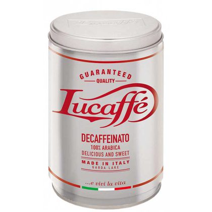 Lucaffe Decaffeinato malta kava be kofeino sandarioje metalinėje skardinėje.