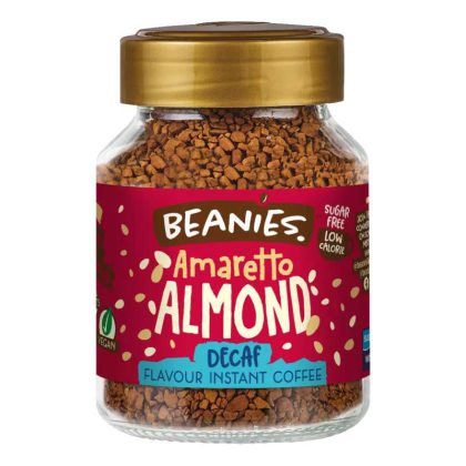 Beanies Amaretto Almond tirpi kava be kofeino stiklinėje 50 g. pakuotėje.