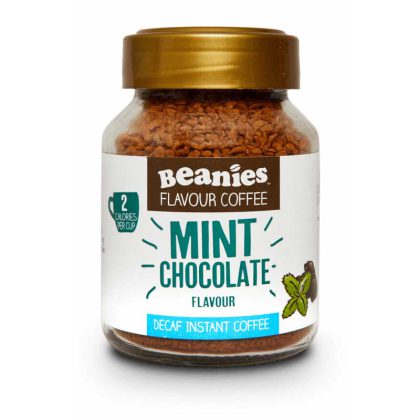 Beanies Mint Chocolate tirpi kava be kofeino stiklinėje 50 g. pakuotėje.