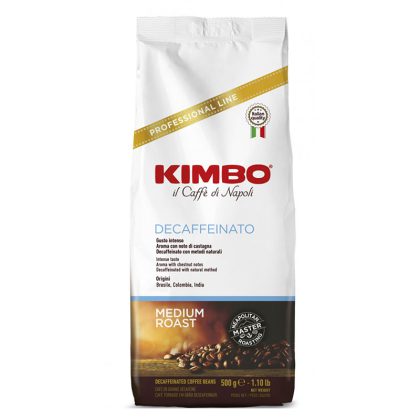 Kimbo Decaffeinato kavos pupelės be kofeino 500 g. pakuotėje.