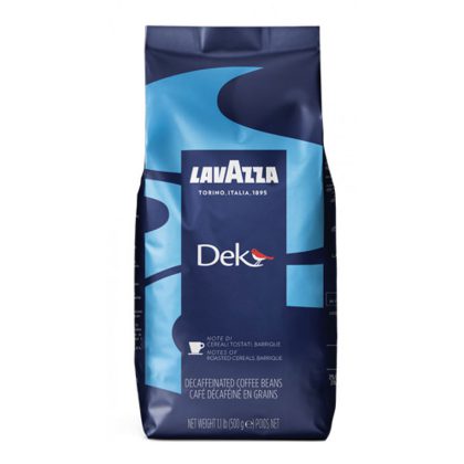 Lavazza Dek kavos pupelės be kofeino plastikinėje 500 g. pakuotėje.