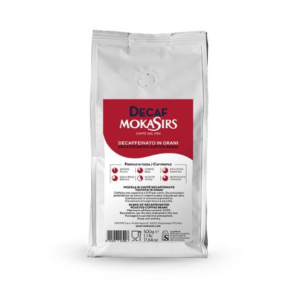 MokaSirs Decaffeinato kavos pupelės be kofeino plastikinėje 500 g.pakuotėje.