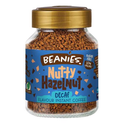 Beanies Nutty Hazelnut tirpi kava be kofeino stiklinėje 50 g. pakuotėje.