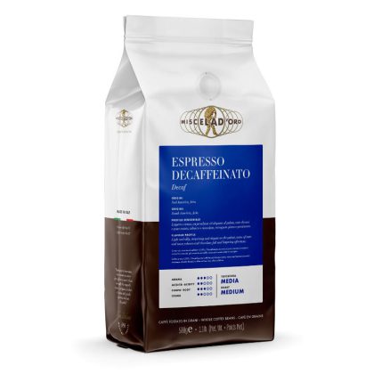 Miscela d'Oro Espresso Decaffeinato kavos pupelės be kofeino plastikinėje 500g pakuotėje.