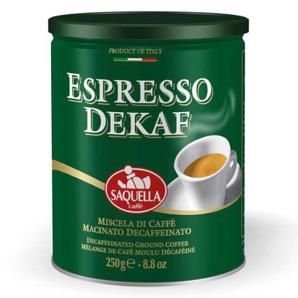 Saquella Espresso Dekaf malta kava be kofeino matalinėje 250 g. pakuotėje.