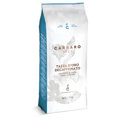 Carraro Tazza d'Oro Decaffeinato kavos pupelės be kofeino plastikinėje 500 g. pakuotėje.